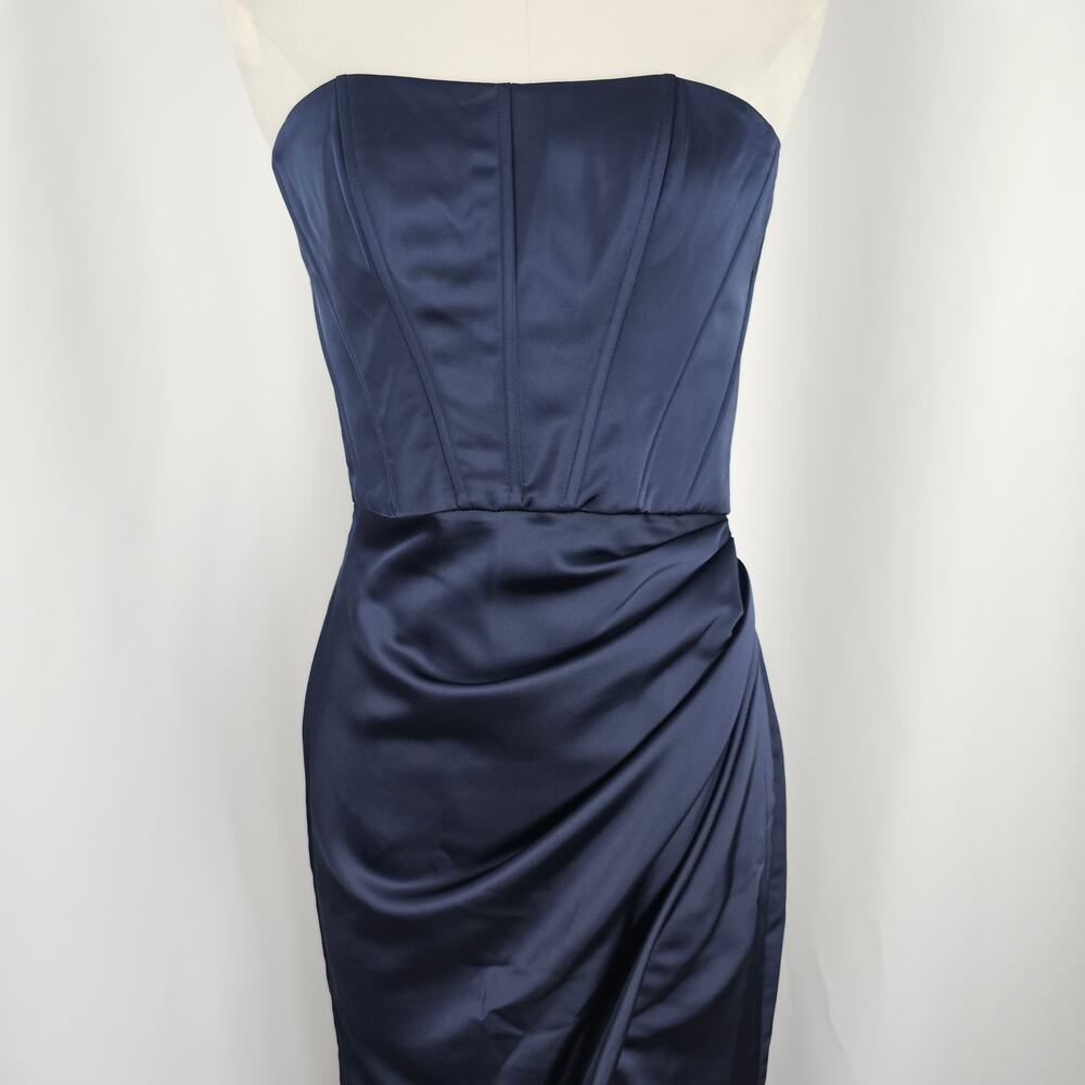 After Six Blue Satin Corset Draped Column Skirt Formal Maxi Dress Size 2R NWT - Picture 3 of 15